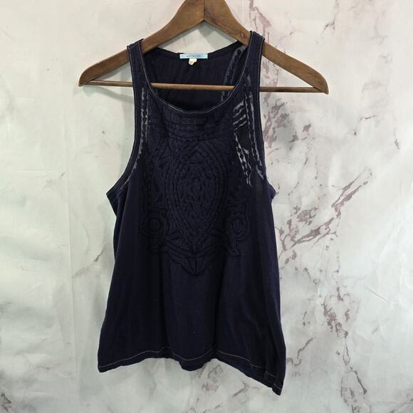 Anthropologie Tops - Anthropologie Top Womens Small Navy Blue Tank Racerback Lace Leifnotes